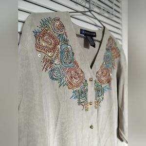 IB Diffusion Women's 1993 100% Silk Embellished Blouse Pale Sage Green/Tan 12